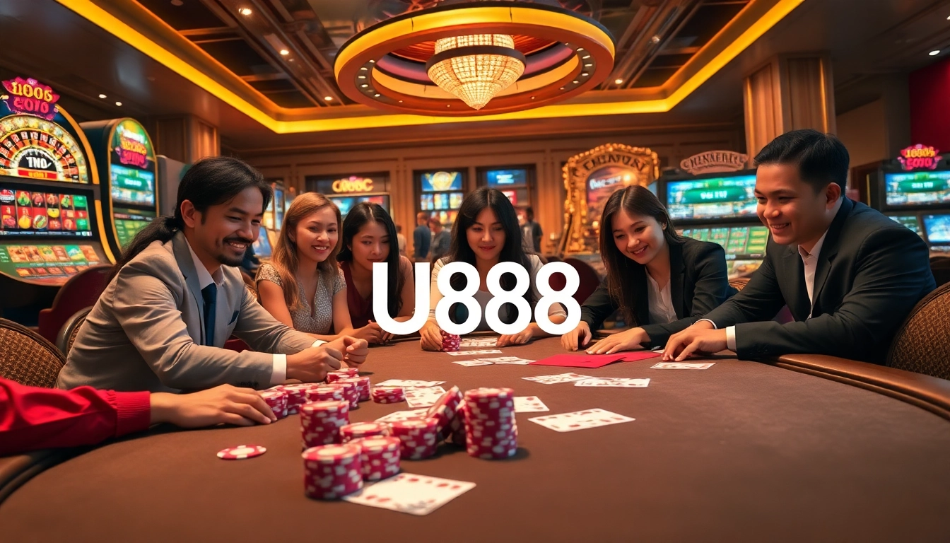 Engaging U888 players at a luxurious gaming table amid vibrant casino elements.