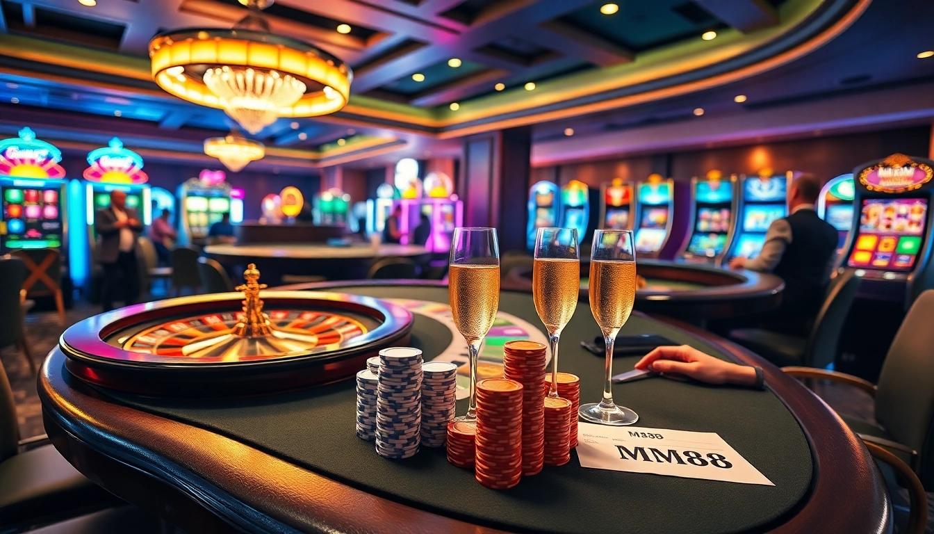 Compelling MM88 gambling scene with poker games, roulette, and slot machines in vibrant colors.