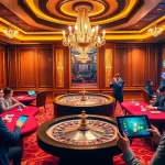Go8 casino scene with a vibrant roulette wheel and focused players enjoying card games.