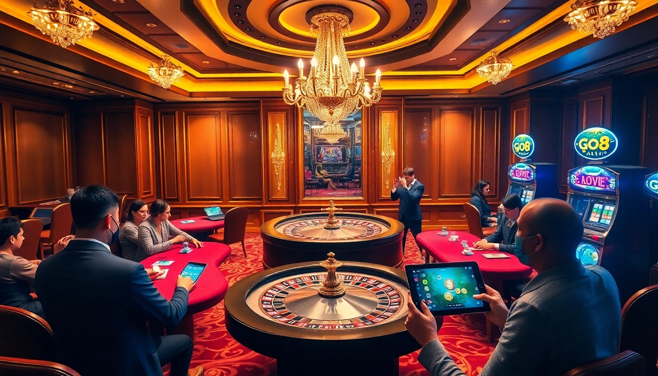 Go8 casino scene with a vibrant roulette wheel and focused players enjoying card games.