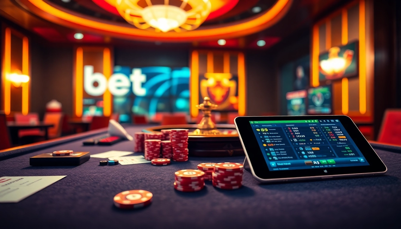 Engaging betting scene showcasing bet789 with vibrant casino elements and devices.