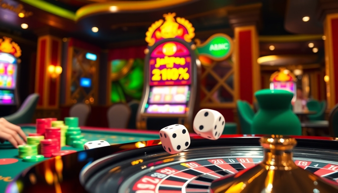 Engaged gamblers enjoying a vibrant casino scene at https://abc8.lol/, featuring poker chips, cards, and slot machines.