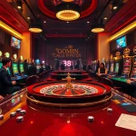 A thrilling casino scene at 98win showcases players engaged at a roulette table surrounded by vibrant slot machines.