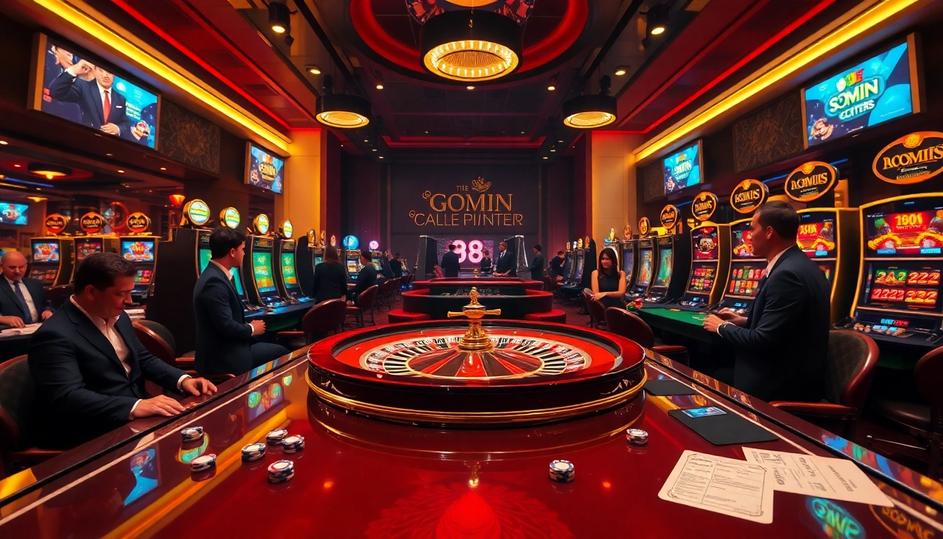 A thrilling casino scene at 98win showcases players engaged at a roulette table surrounded by vibrant slot machines.