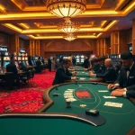 KJC casino scene showcasing high-stakes poker action with elegant players and vibrant slot machines.