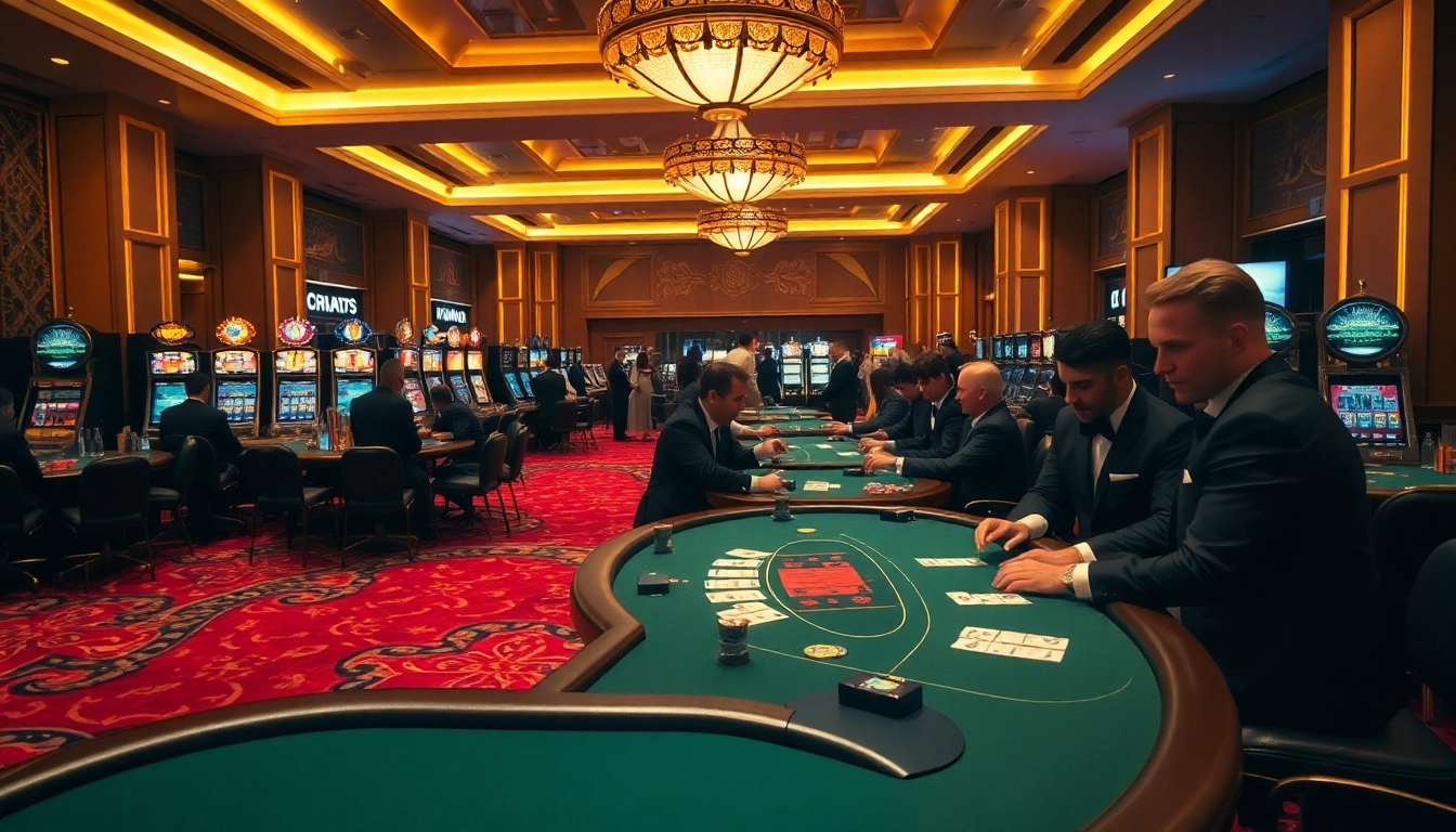 KJC casino scene showcasing high-stakes poker action with elegant players and vibrant slot machines.