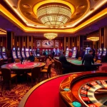 Engage with thrilling gaming action at https://f8bet.science/, showcasing vibrant casino tables and slot machines.