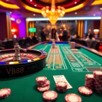 Experience the excitement of VB88 with professional dealers at a vibrant casino table full of poker chips and betting slips.