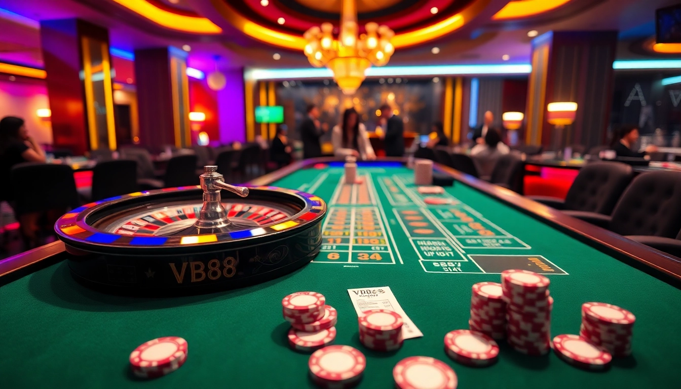 Experience the excitement of VB88 with professional dealers at a vibrant casino table full of poker chips and betting slips.