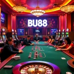 Experience the excitement of BU88 with vibrant casino gaming scenes featuring poker tables and slot machines.