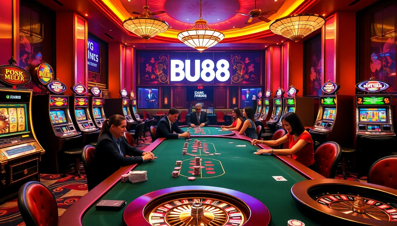 Experience the excitement of BU88 with vibrant casino gaming scenes featuring poker tables and slot machines.