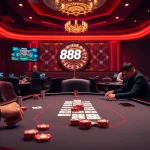 Exciting casino atmosphere with poker players and gambling elements featuring 888b.