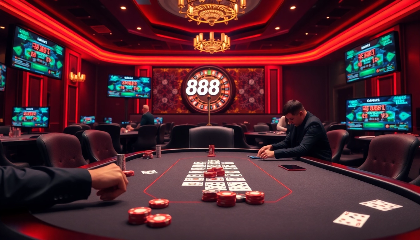 Exciting casino atmosphere with poker players and gambling elements featuring 888b.