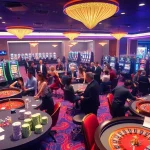 Players enjoying a thrilling casino experience with HM88, featuring vibrant poker tables and slot machines.