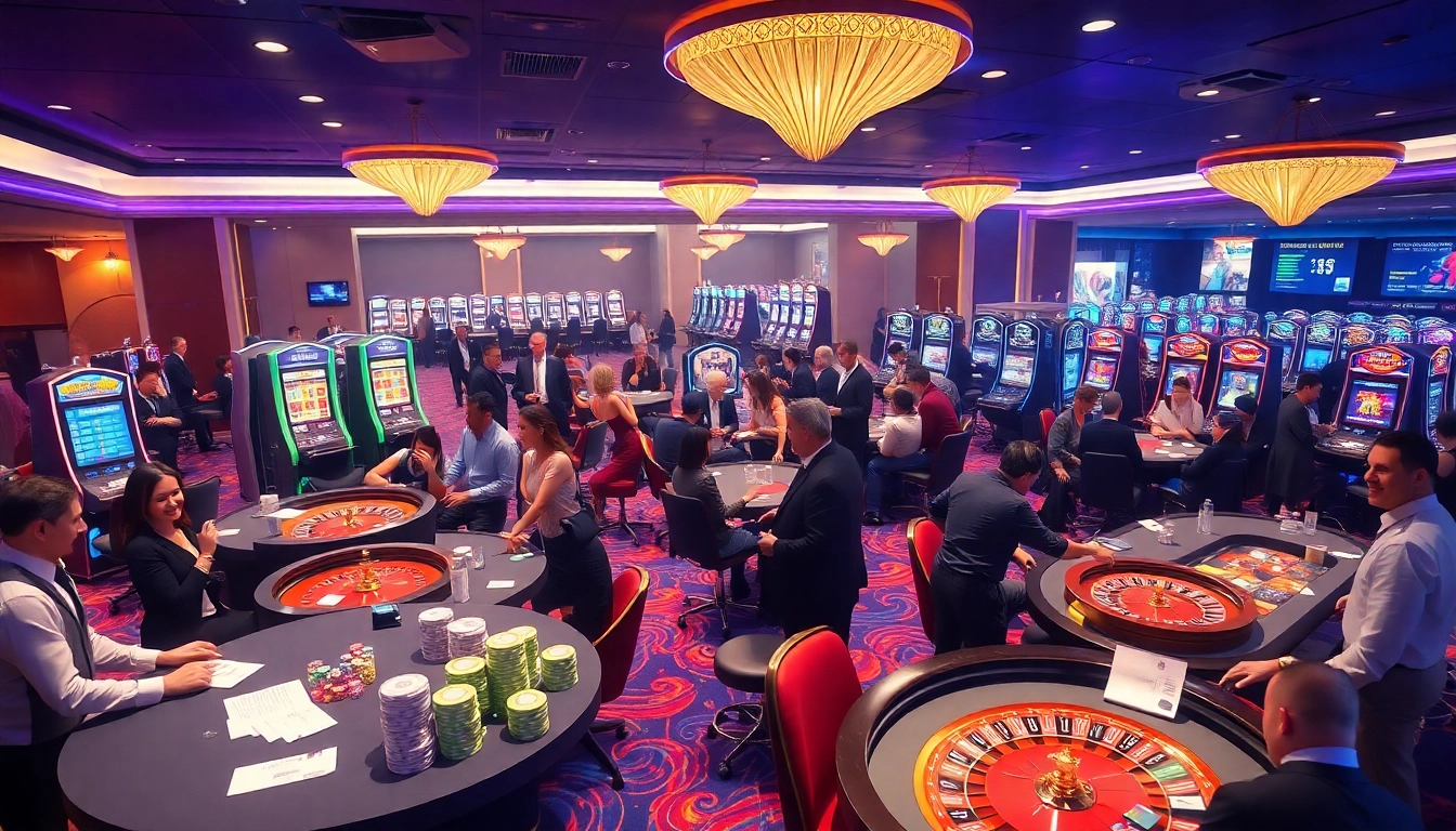 Players enjoying a thrilling casino experience with HM88, featuring vibrant poker tables and slot machines.