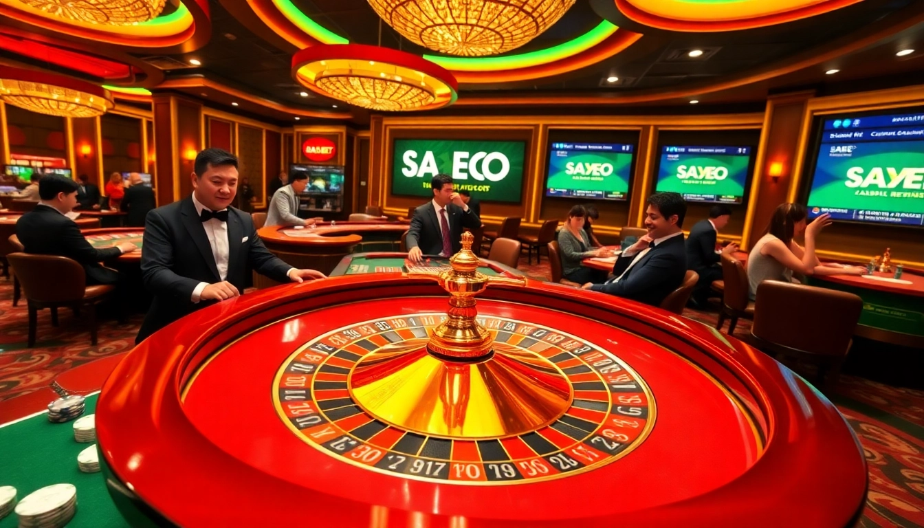 Experience the excitement of SAO BET gaming with players at a roulette table in a luxury casino.