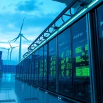 Bitcoin cloud mining facility showcasing advanced AI technology and renewable energy sources.