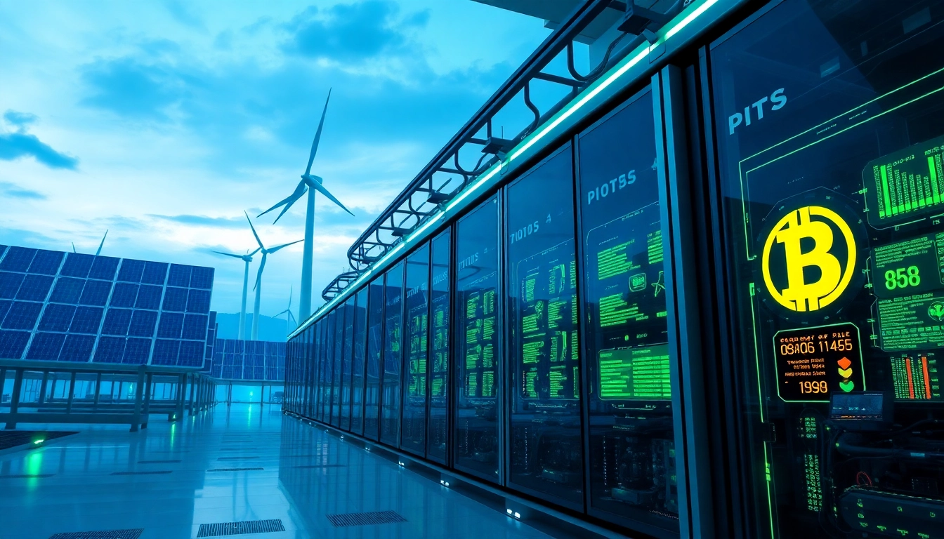 Bitcoin cloud mining facility showcasing advanced AI technology and renewable energy sources.