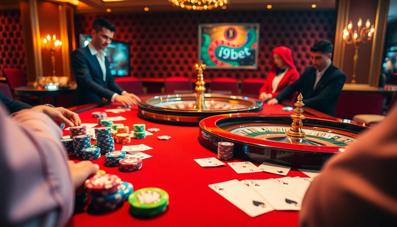 Experience the thrill of i9bet with vibrant poker tables and engaging players in a luxurious casino scene.