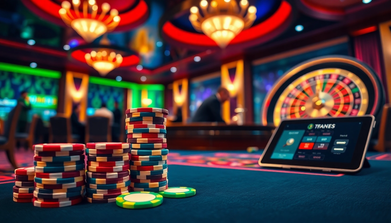 Experience the excitement of f168 as you place bets at a luxurious casino poker table, surrounded by vibrant visuals.