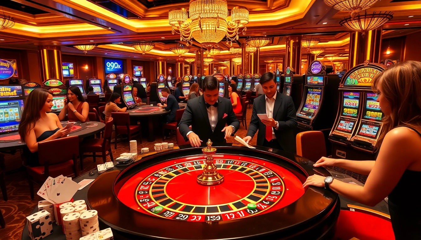 Players enjoying roulette and poker games at 99OK casino.