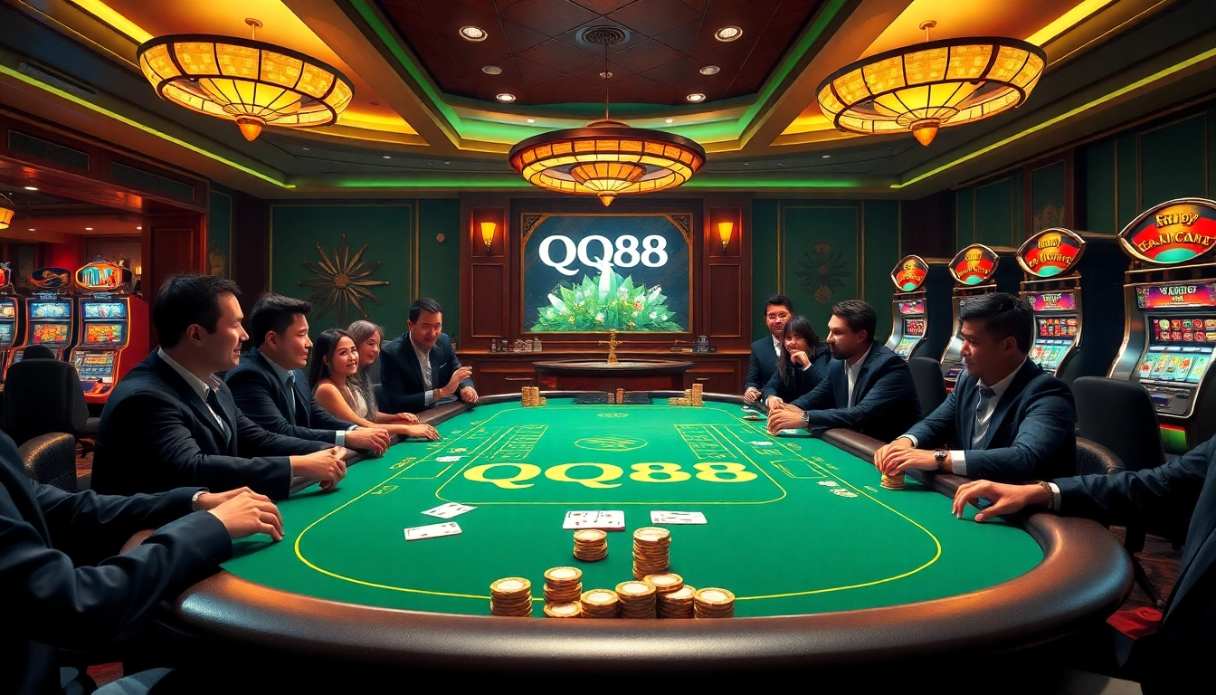 Players engaged in an exciting QQ88 poker game, enjoying vibrant casino atmosphere
