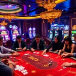 Excited players engaging with Slot777 themed gaming table in a luxurious casino.