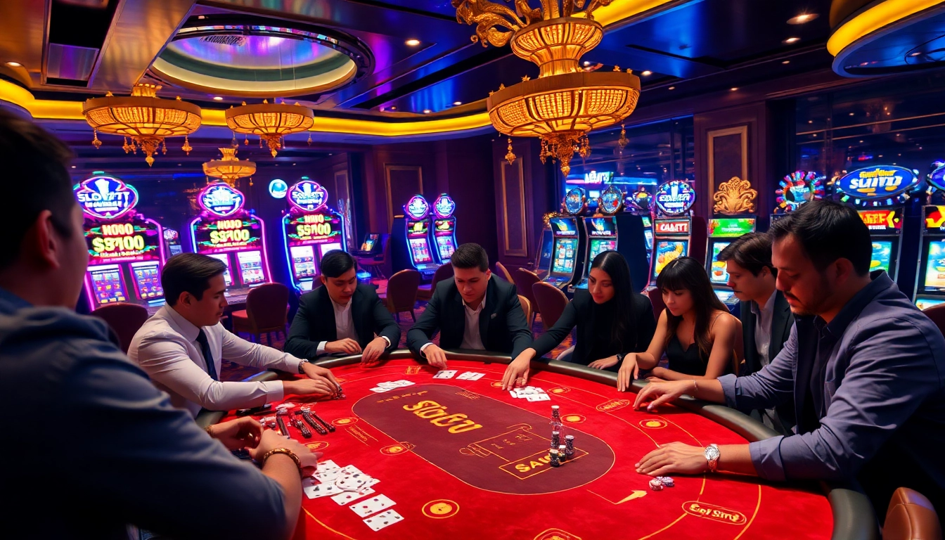 Excited players engaging with Slot777 themed gaming table in a luxurious casino.