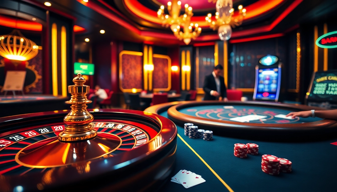 Gamblers immerse in the excitement of games at https://jun88buzz.info/, with roulette wheels and poker tables.