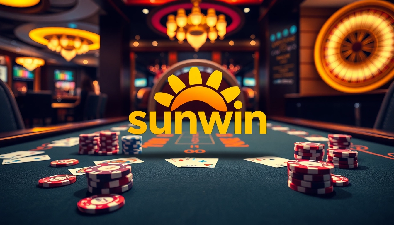 Players enjoying games at Sunwin's vibrant casino tables with poker chips and cards.