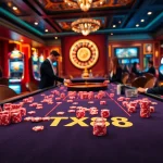 TX88 gaming table with vibrant poker chips and exciting gameplay in a luxurious casino.