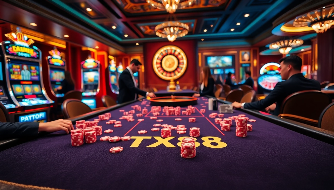 TX88 gaming table with vibrant poker chips and exciting gameplay in a luxurious casino.