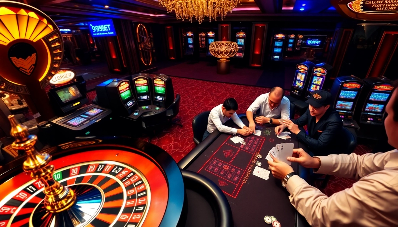 Experience the excitement of 999bet with a luxurious casino atmosphere filled with poker tables and slot machines.