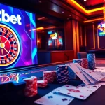 Experience thrilling gameplay at zbet com with vibrant casino elements like poker chips and a roulette wheel.