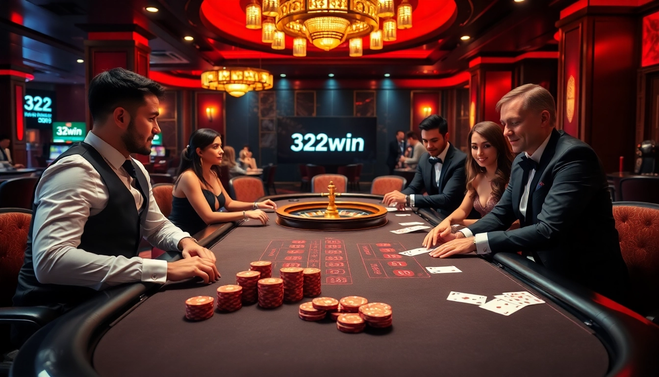 32win players engaged in high-stakes poker at a luxurious casino table with vibrant ambiance.