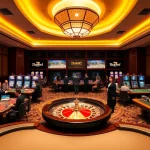 Players engaging with vibrant slot machines at thabet.com, surrounded by a lively casino atmosphere.