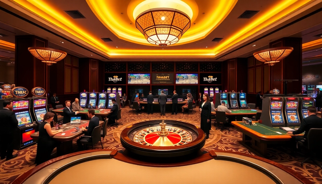 Players engaging with vibrant slot machines at thabet.com, surrounded by a lively casino atmosphere.