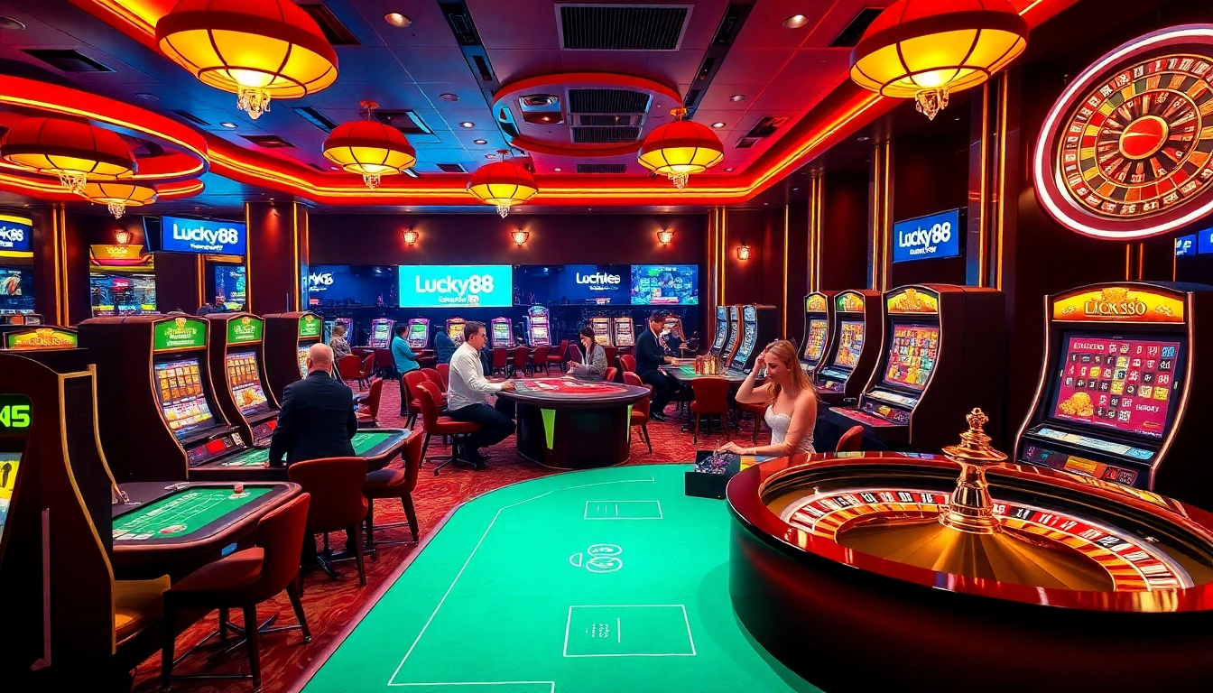 Experience the thrill of gambling at Lucky88 with slot machines and casino games in a lively scene.