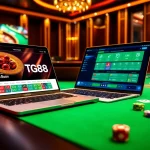 Experience the excitement of TG88's online casino with vibrant poker chips and a spinning roulette wheel.