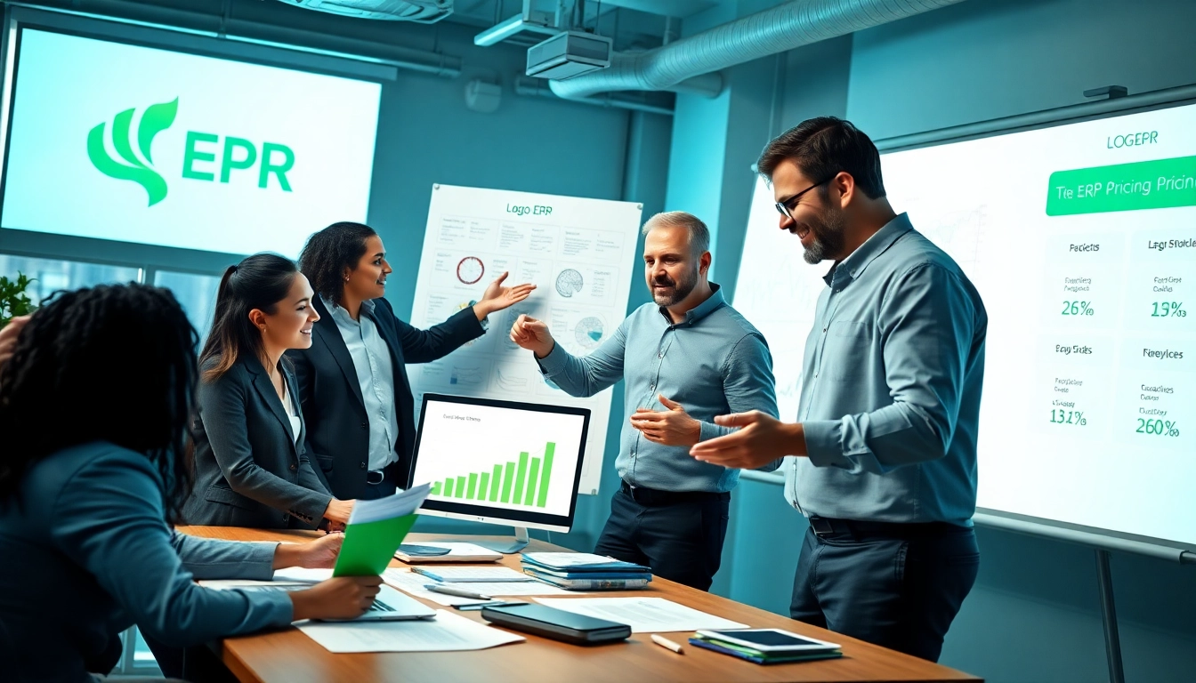 Business team discussing Logo ERP fiyat in a modern office, showcasing professional collaboration.