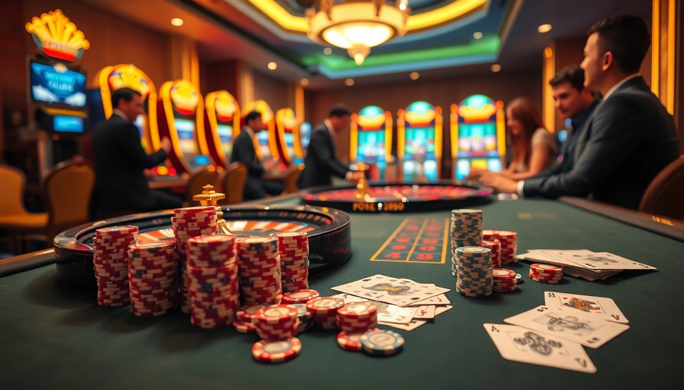 Players enjoying a thrilling game of poker at MB66 casino with vibrant atmosphere.