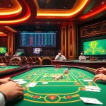 Gamblers enjoying a vibrant Ga888 online betting experience, with casino tables and digital game interfaces.