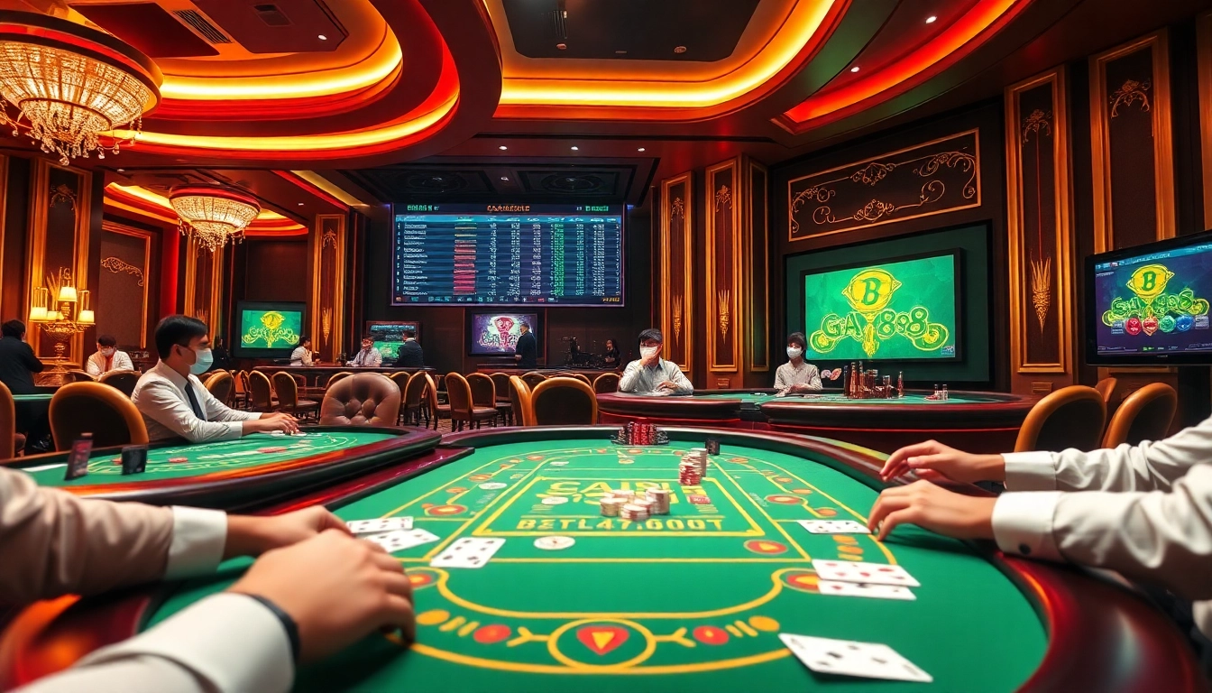 Gamblers enjoying a vibrant Ga888 online betting experience, with casino tables and digital game interfaces.