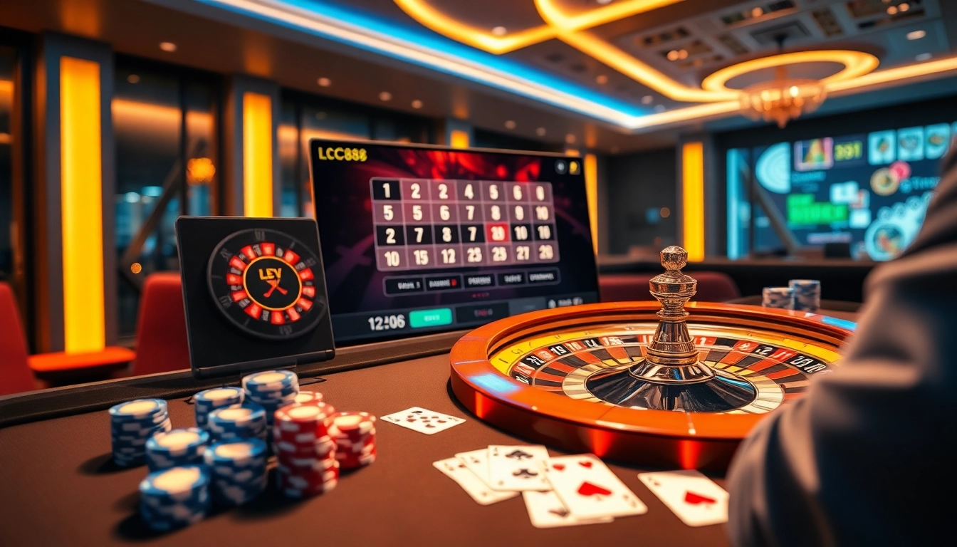 Engaging with the LC88 online casino experience featuring roulette and poker elements.