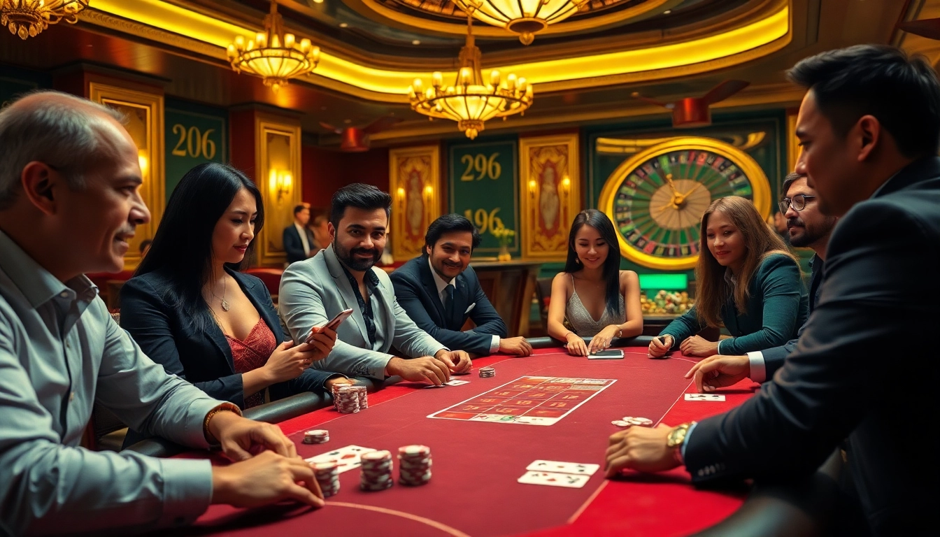 Engage in the electrifying atmosphere of OKFUN đăng Ký with thrilling poker games and vibrant casino decor.