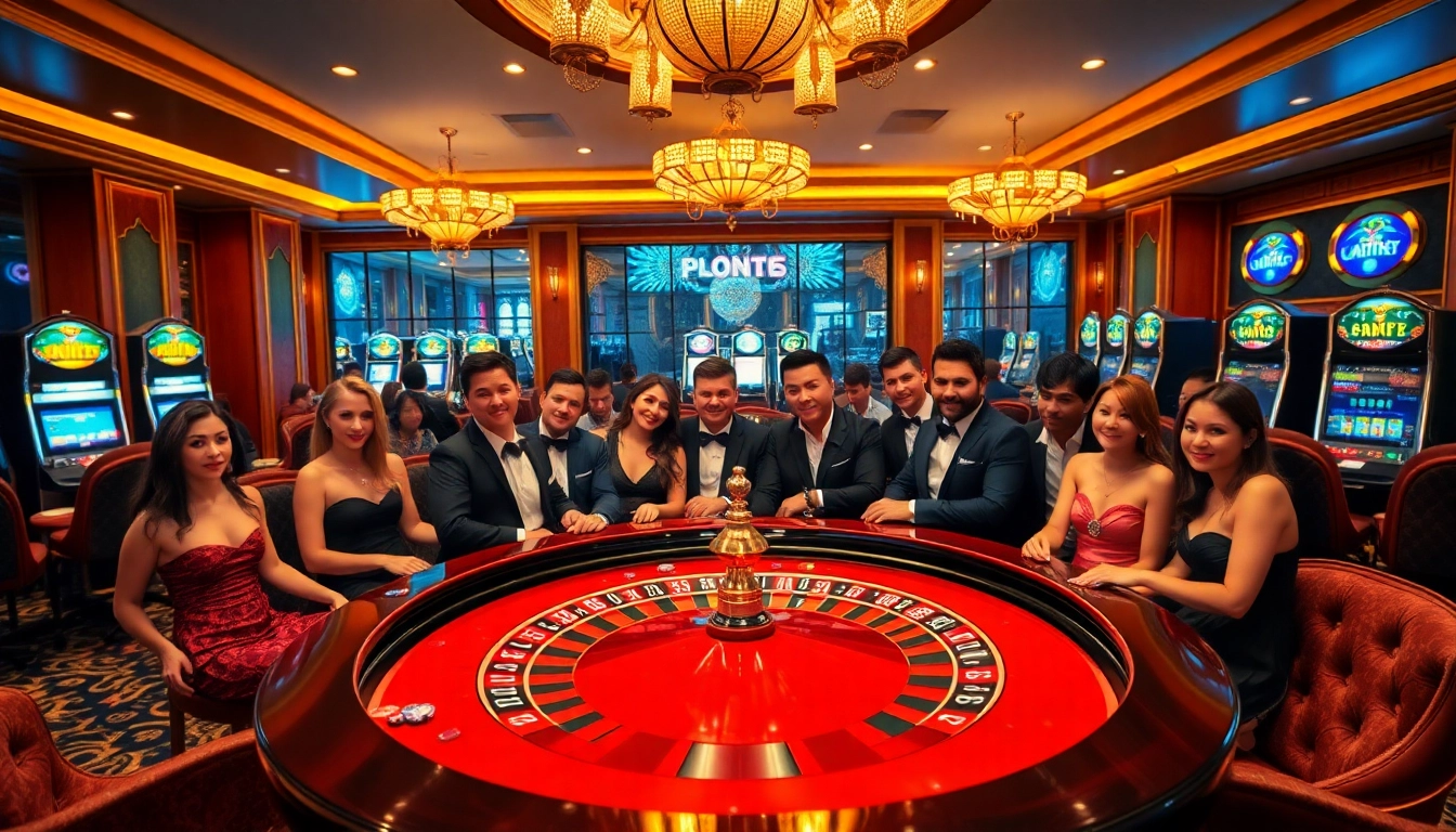 Experience the excitement of gambling at https://kjc.marketing/ with a luxurious casino scene featuring roulette and enthusiastic players.