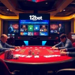 Engaging poker game at a luxurious casino highlighting 12bet branding and vibrant chips.
