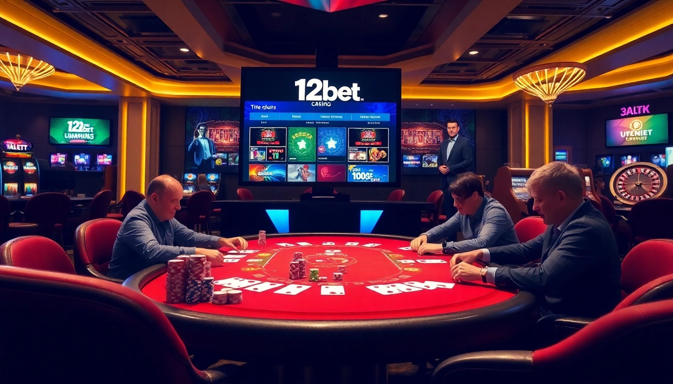 Engaging poker game at a luxurious casino highlighting 12bet branding and vibrant chips.