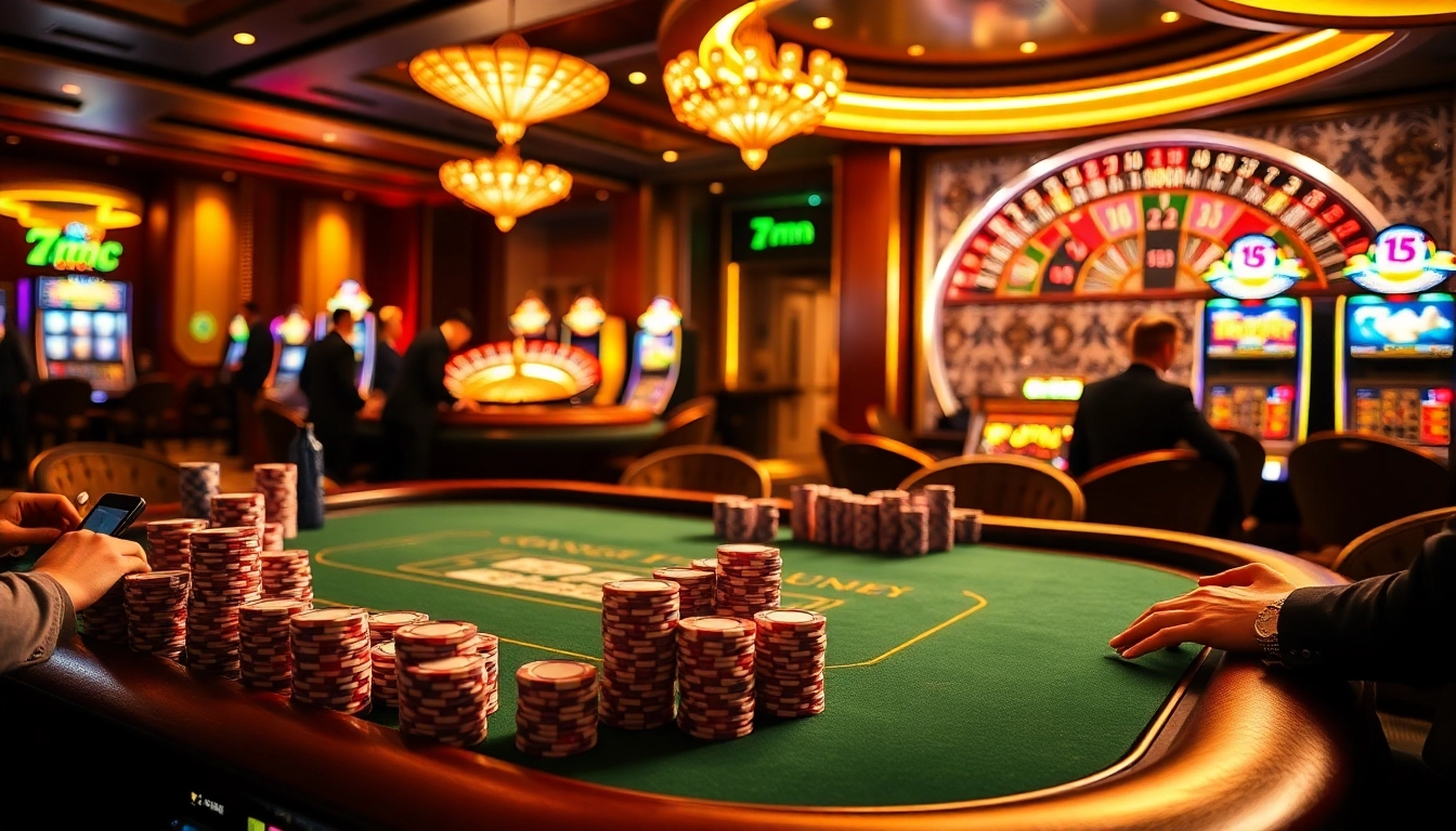 Experience thrilling high-stakes gambling at a luxurious casino featuring 7mcn-themed poker games.
