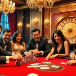 Experience the thrill of gambling at Hi88.wedding with an upscale poker game featuring focused players and vibrant casino decor.
